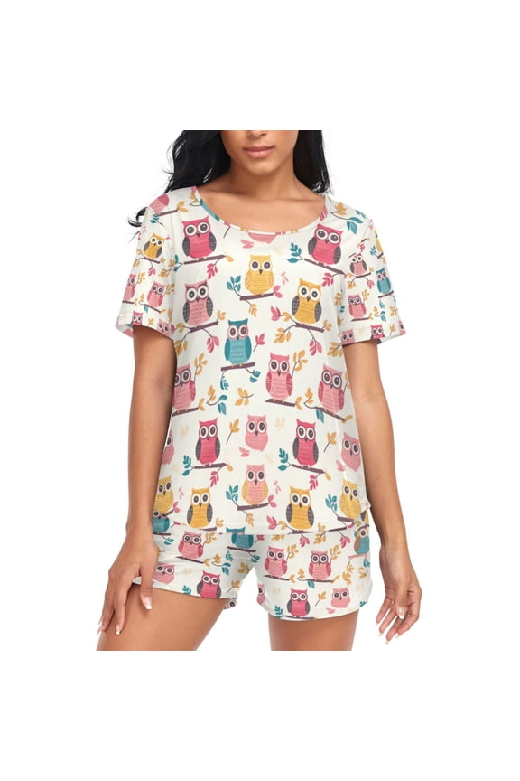 Women's Pajama Set Cute Owls with Leaves Short Sleepwear Loungewear with Pockets S