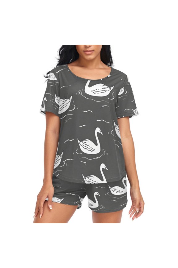 Women's Pajama Set Cute Swan and Water Wave Short Sleepwear Loungewear with Pockets M