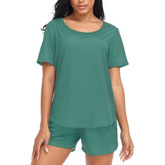 joogoo Women's Pajama Set Dark Green Short Sleepwear Loungewear with Pockets L
