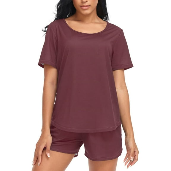 joogoo Women's Pajama Set Dark Red Short Sleepwear Loungewear with Pockets XL