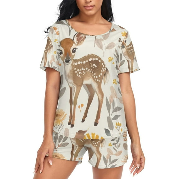 joogoo Women's Pajama Set Deer in Leaves Short Sleepwear Loungewear with Pockets XL