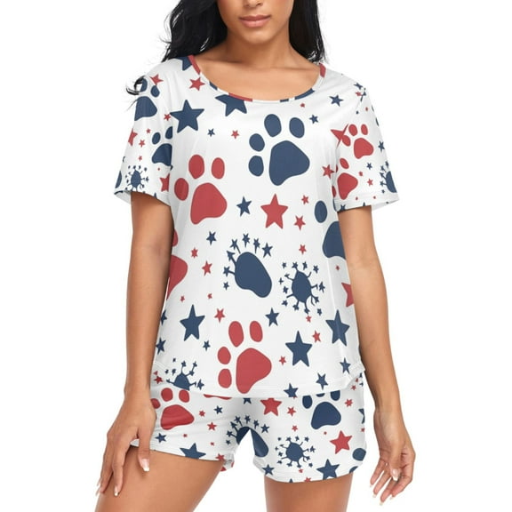 joogoo Women's Pajama Set Dog Footprint and Stars Short Sleepwear Loungewear with Pockets M