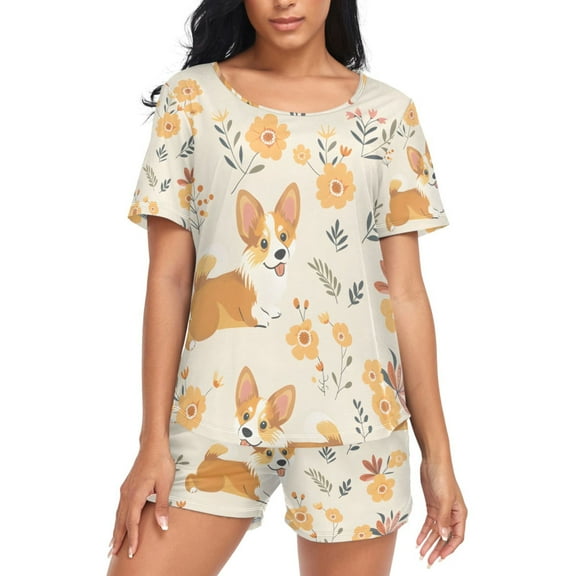 joogoo Women's Pajama Set Dog and Flowers Funny Short Sleepwear Loungewear with Pockets L