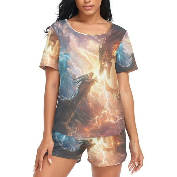 joogoo Women's Pajama Set Dragon with Fire Short Sleepwear Loungewear with Pockets XL