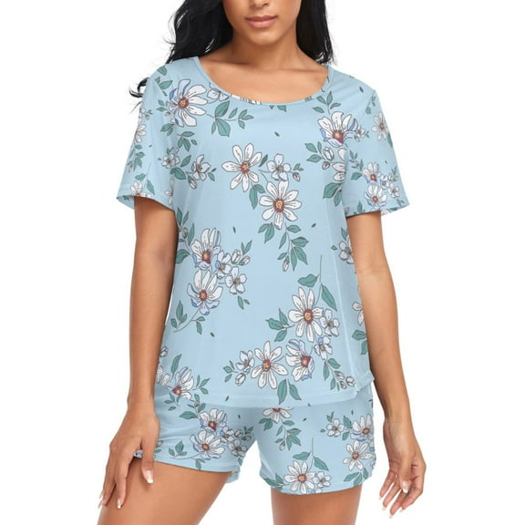 joogoo Women's Pajama Set Elegant Floral Short Sleepwear Loungewear with Pockets L