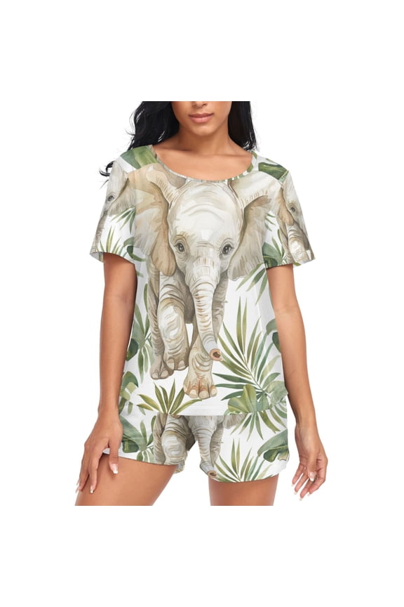 Women's Pajama Set Elephant in Palm Leaves Short Sleepwear Loungewear with Pockets M