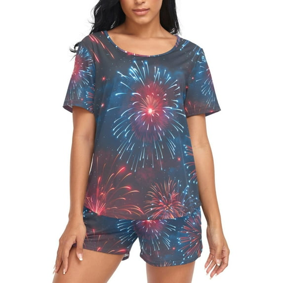 joogoo Women's Pajama Set Fireworks New Year Short Sleepwear Loungewear with Pockets L