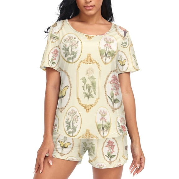 joogoo Women's Pajama Set Flower and Butterfly Short Sleepwear Loungewear with Pockets S
