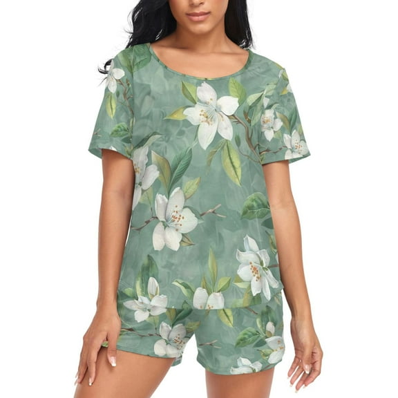 joogoo Women's Pajama Set Flower with Green Leaves Short Sleepwear Loungewear with Pockets XL