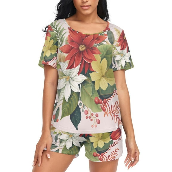 joogoo Women's Pajama Set Flowers Short Sleepwear Loungewear with Pockets XL