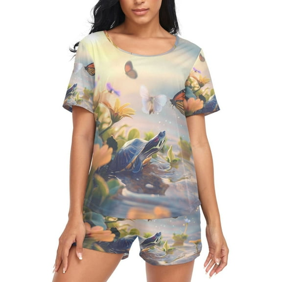 joogoo Women's Pajama Set Funny Turtle and Butterfly Short Sleepwear Loungewear with Pockets XL