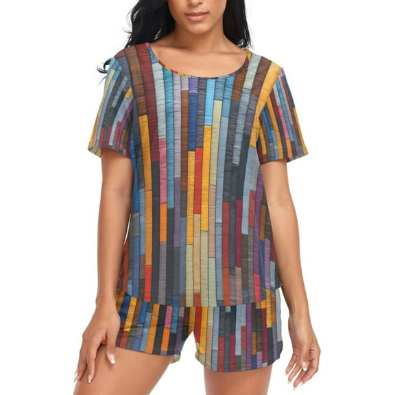 joogoo Women's Pajama Set Geometry Stripes Short Sleepwear Loungewear with Pockets L