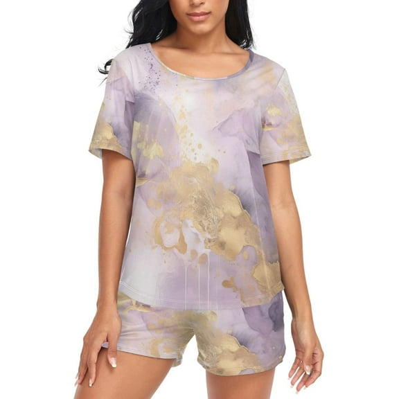 joogoo Women's Pajama Set Golden and Purple Marble Short Sleepwear Loungewear with Pockets L