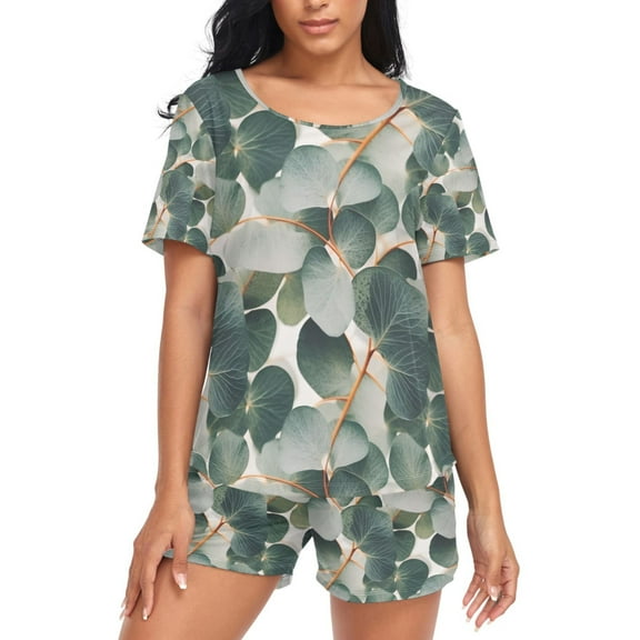 joogoo Women's Pajama Set Green Leaves Short Sleepwear Loungewear with Pockets XL