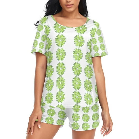 joogoo Women's Pajama Set Green Lemon Short Sleepwear Loungewear with Pockets S