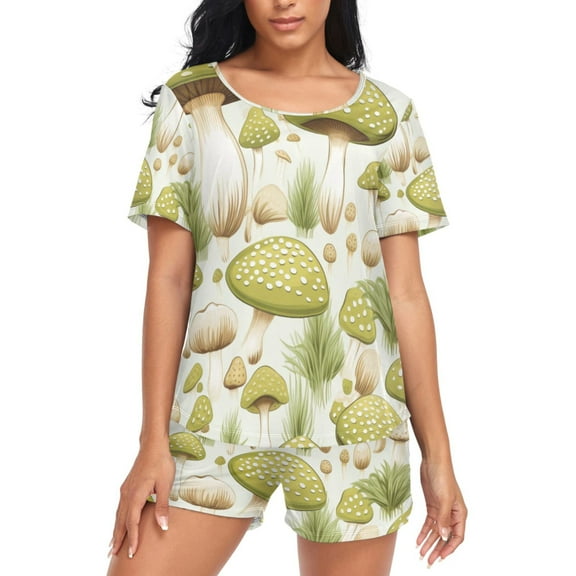 joogoo Women's Pajama Set Green Mushrooms Short Sleepwear Loungewear with Pockets L