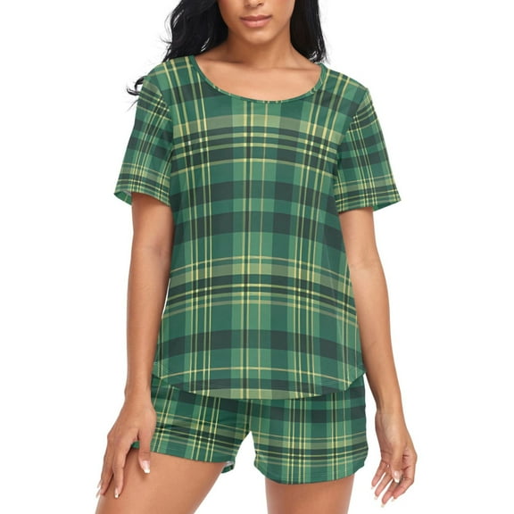 joogoo Women's Pajama Set Grid Dark Green Lattice Short Sleepwear Loungewear with Pockets XXL