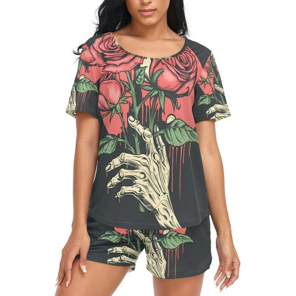 joogoo Women's Pajama Set Halloween Hand with Roses Short Sleepwear Loungewear with Pockets M