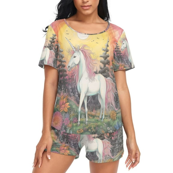 joogoo Women's Pajama Set Horse in Forest Short Sleepwear Loungewear with Pockets S