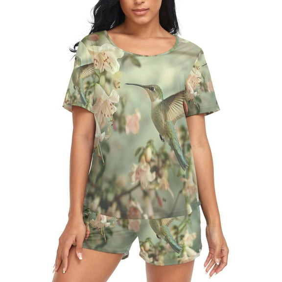 joogoo Women's Pajama Set Hummingbird Floral Short Sleepwear Loungewear with Pockets S