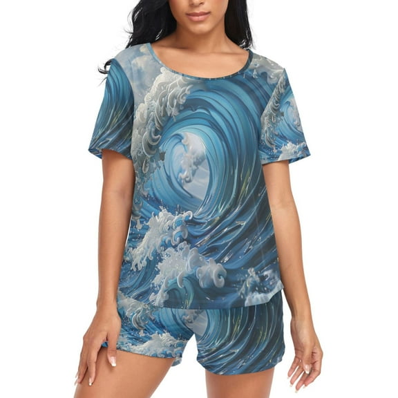 joogoo Women's Pajama Set Japanese Wave Short Sleepwear Loungewear with Pockets XL