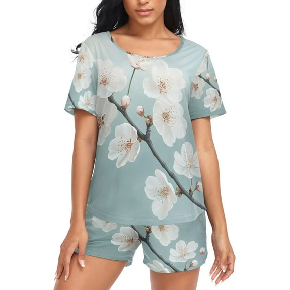 joogoo Women's Pajama Set Jasmine Flower on Branch Short Sleepwear Loungewear with Pockets XXL