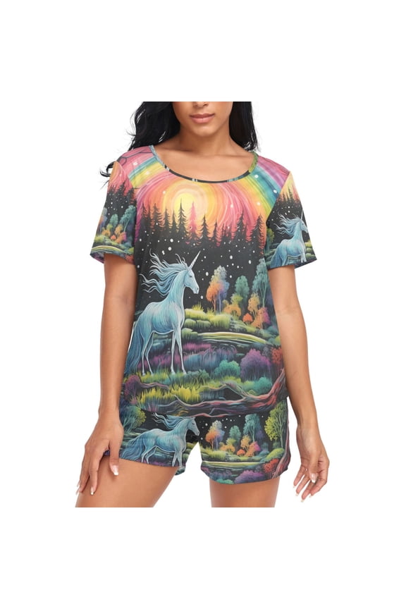 Women's Pajama Set Magic with Horse in Rainbow Short Sleepwear Loungewear with Pockets M