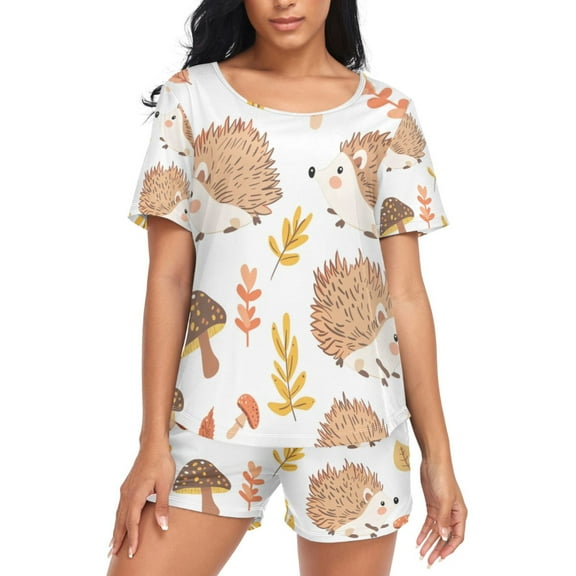 joogoo Women's Pajama Set Mushrooms and Hedgehogs Short Sleepwear Loungewear with Pockets M