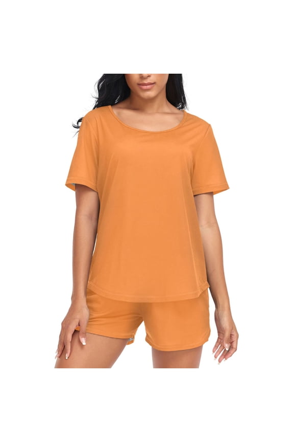Women's Pajama Set Orange Color Short Sleepwear Loungewear with Pockets S