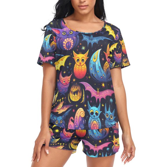 joogoo Women's Pajama Set Owls and Bats Magic Devil Short Sleepwear Loungewear with Pockets M