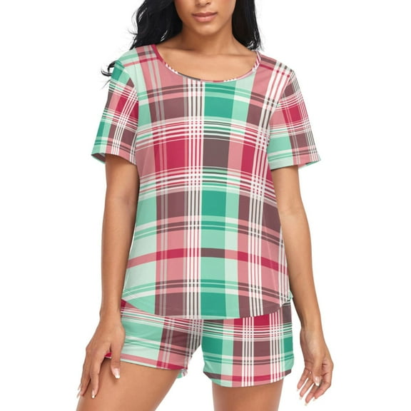 joogoo Women's Pajama Set Plaid Lattice Red Short Sleepwear Loungewear with Pockets XL