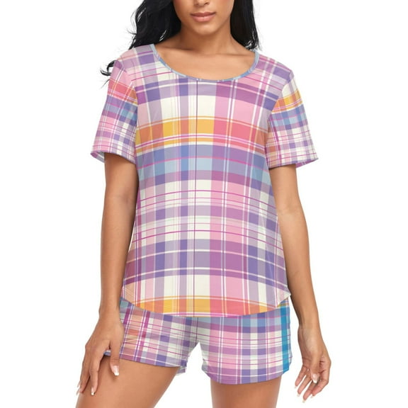 joogoo Women's Pajama Set Plaid Pattern Grid Short Sleepwear Loungewear with Pockets L