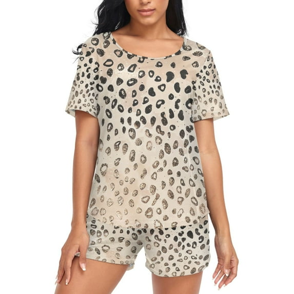 joogoo Women's Pajama Set Plain Cheetah Glitter Print Short Sleepwear Loungewear with Pockets XXL