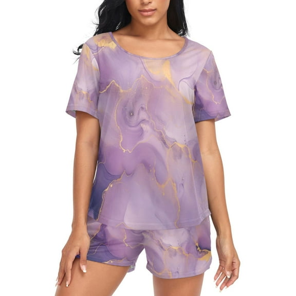 joogoo Women's Pajama Set Purple and Gold Marble Short Sleepwear Loungewear with Pockets XL