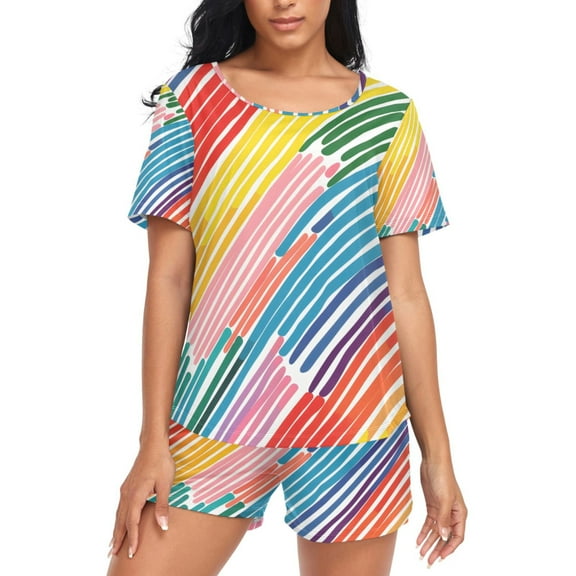 joogoo Women's Pajama Set Rainbow Geometric Stripes Print Short Sleepwear Loungewear with Pockets L