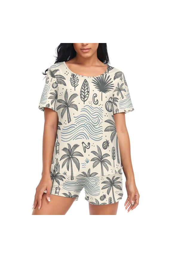 Women's Pajama Set Retro Coconut Tree Short Sleepwear Loungewear with Pockets XXL