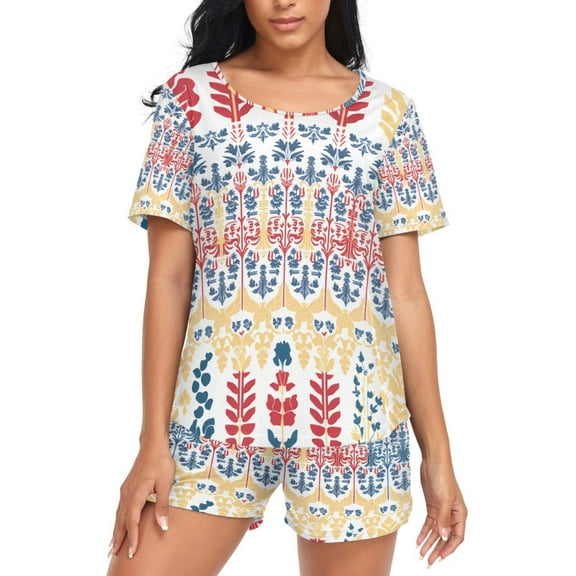 joogoo Women's Pajama Set Retro Flowers Short Sleepwear Loungewear with Pockets XL