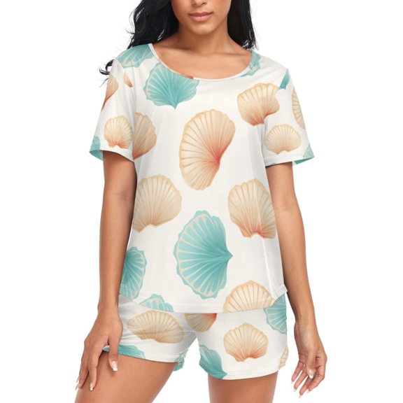joogoo Women's Pajama Set Retro Sea Shell Short Sleepwear Loungewear with Pockets M