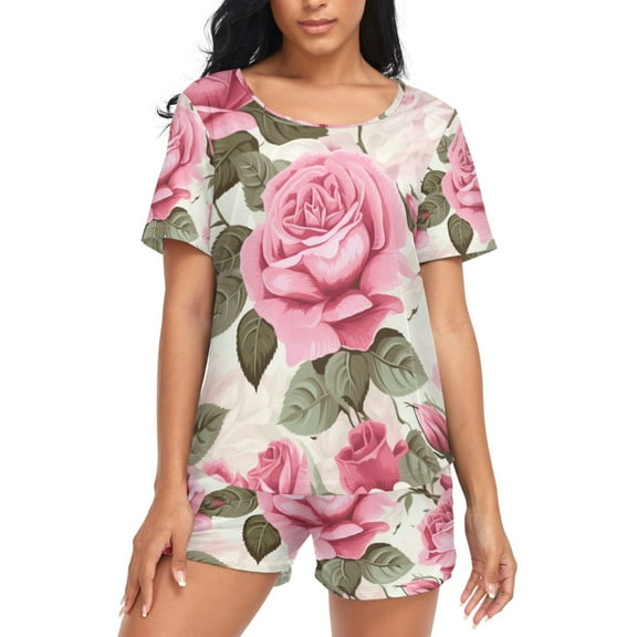 joogoo Women's Pajama Set Roses Flower Short Sleepwear Loungewear with Pockets XL