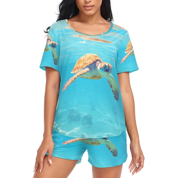 joogoo Women's Pajama Set Sea Turtle in Sea View Short Sleepwear Loungewear with Pockets M