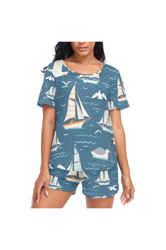 Women's Pajama Set Seagulls and Ship Short Sleepwear Loungewear with Pockets XXL