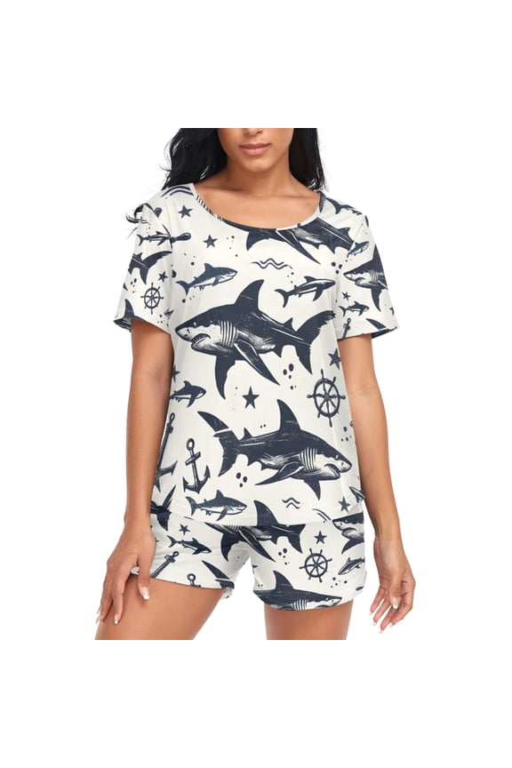 Women's Pajama Set Seamless Sketch Shark Pattern Short Sleepwear Loungewear with Pockets M