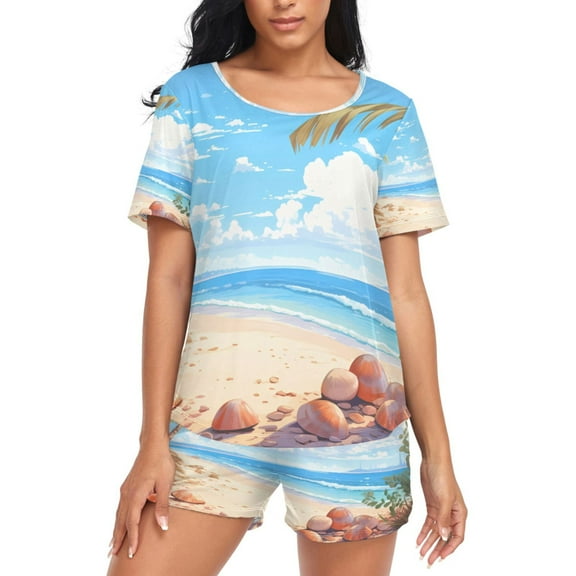 joogoo Women's Pajama Set Seashell on Beach Palm Tree Short Sleepwear Loungewear with Pockets S
