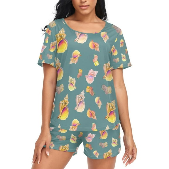 joogoo Women's Pajama Set Seashells Short Sleepwear Loungewear with Pockets L