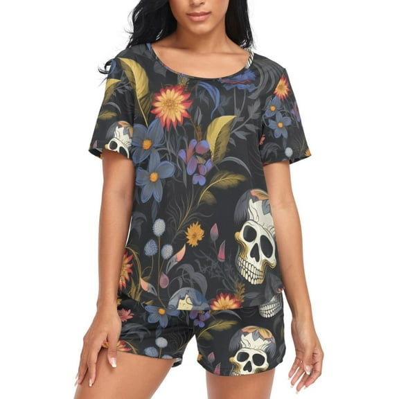 joogoo Women's Pajama Set Skeletons Floral Short Sleepwear Loungewear with Pockets XXL