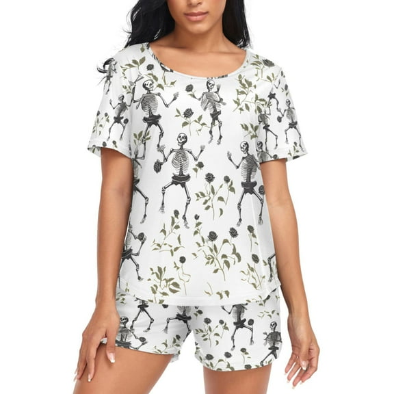 joogoo Women's Pajama Set Skeletons with Roses Leaves Short Sleepwear Loungewear with Pockets S