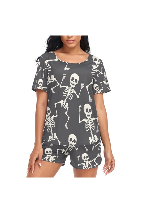 Women's Pajama Set Skull Skeleton Dancing Short Sleepwear Loungewear with Pockets L