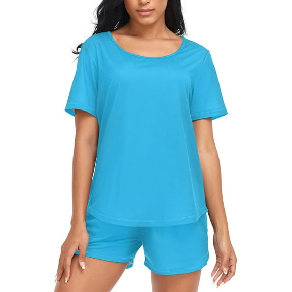 joogoo Women's Pajama Set Sky Blue Short Sleepwear Loungewear with Pockets XL