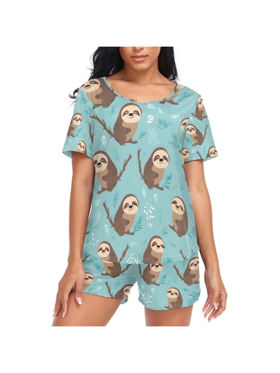 Women's Pajama Set Sloth Cute Short Sleepwear Loungewear with Pockets L