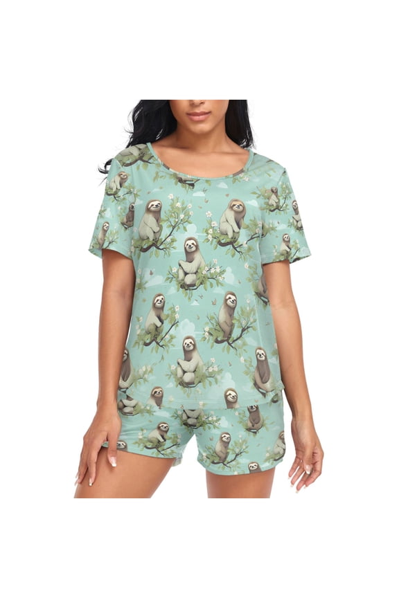 Women's Pajama Set Sloth with Leaves Short Sleepwear Loungewear with Pockets L